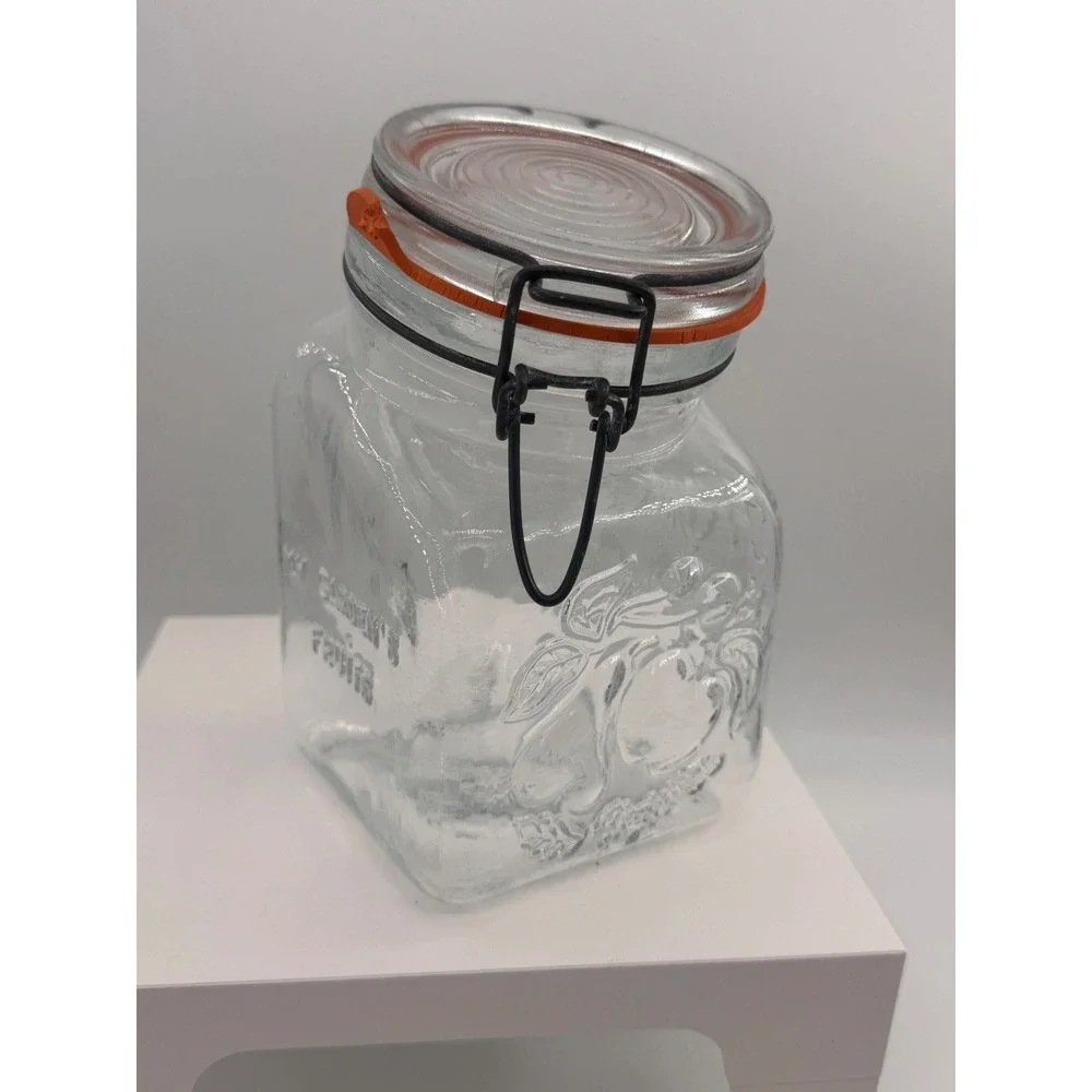 Vtg 1968 Granny's Products Glass Wire Jar 1 Quart Italy Fruits de mon Jardin